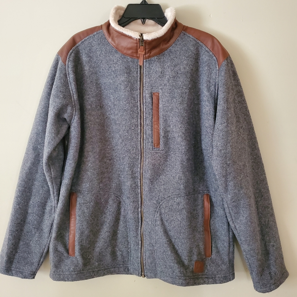 Overland Wool Blend Zip Up Jacket Layer Sweater Sherpa Lined Leather Size Large